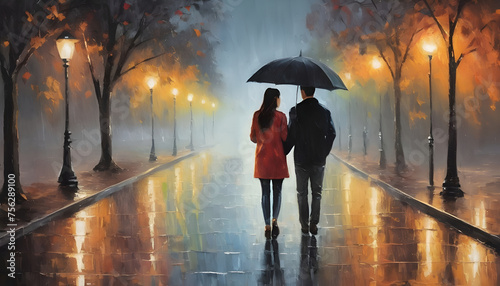 Back view of couple in love walking on street of city at night  illustration painting