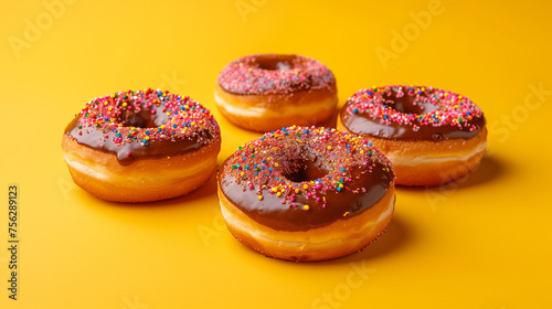 Perfect donuts on yellow background. Studio shot,