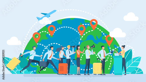 Airport check-in passengers standing in line before travel. Planes are flying in midair and positioning pins are attached to various places in the world for travel concept. Vector flat illustration 