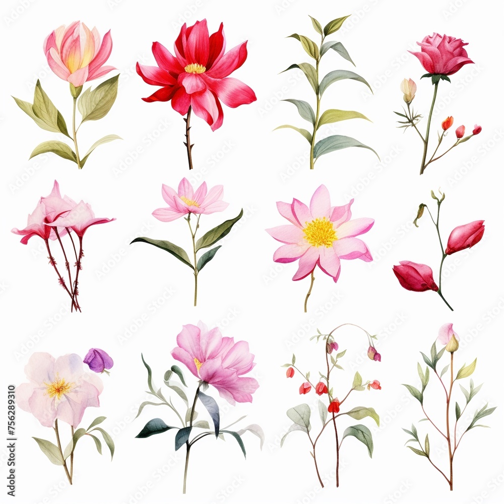 Elegant watercolor botanicals flowers and leaves