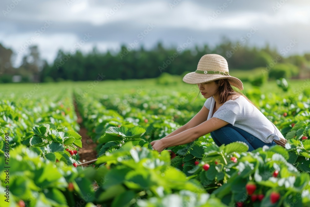 Young Asian woman farmer or gardener picking strawberries in the field