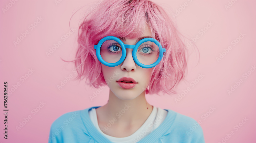 Portrait of a beautiful girl with bright pink Hairstyling, hair dye. Pink background. Beauty concept.