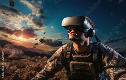 soldier wearing virtual reality glasses. Military and technology concept