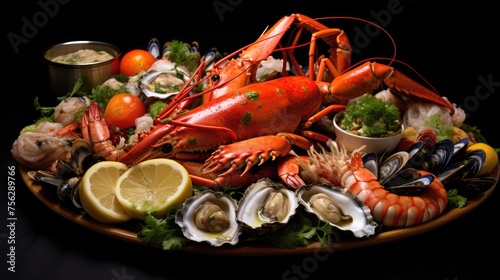 Seafood platter with ice and lemon. Generative AI