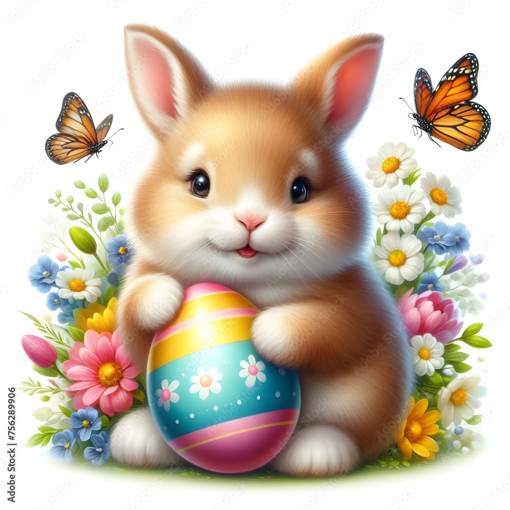 Cute cheerful bunny close-up, smiling broadly and holding a colored egg in his hands, flowers around the butterfly. Easter holiday, a painted egg and a cheerful little rabbit, brightly colorful decora Cute cheerful bunny close-up, smiling broadly and holding a colored egg in his hands, flowers around the butterfly. Easter holiday, a painted egg and a cheerful little rabbit, brightly colorful decora