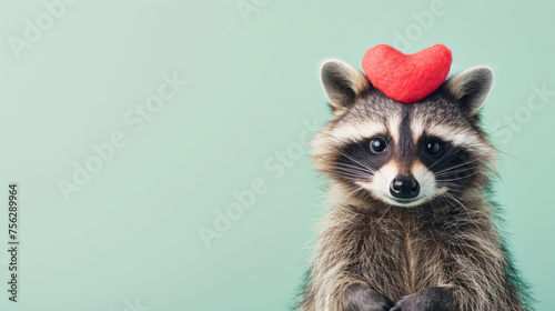 A delightful scene unfolds with a cute and joyful raccoon clutching a plush red heart, set against an isolated pastel green background. © Evgeniia