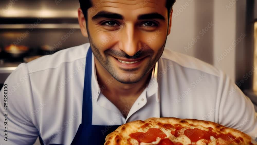 Attractive happy chef holding hot pizza in his hands Attractive happy chef holding hot pizza in his hands