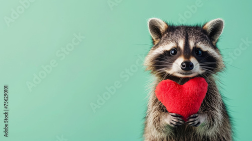 A raccoon stands against an isolated green background, holding a plush red heart close. © Evgeniia