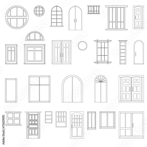 Set of contour entrance doors and windows isolated on white background. Clipart.