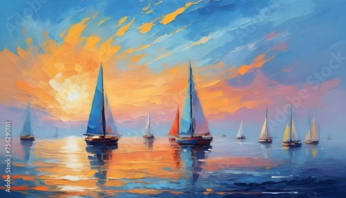 Sailing boats on the sea. Modern art oil painting. Seascape in the style of impressionism. AI generative image.
