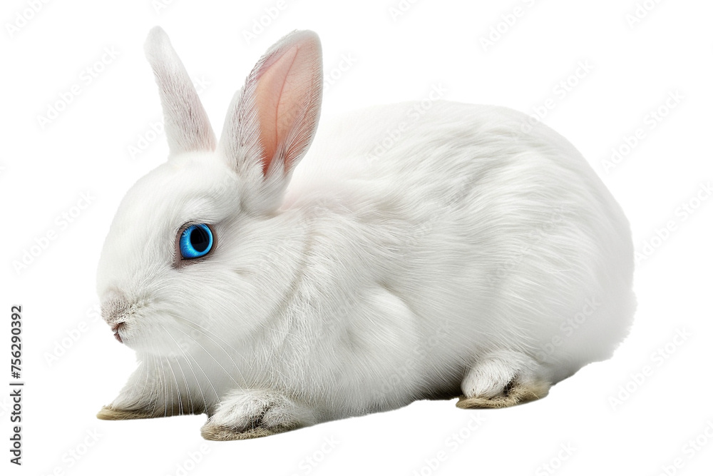 a portrait of a white rabbit with blue eyes and long ears, isolated on transparent background, png file