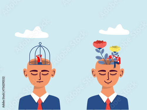 Big head human think growth mindset different fixed mindset concept vector