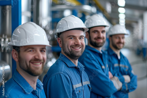 Workers in white helmets and blue uniforms smile against the backdrop of the factory floor, their cheerful demeanor contrasting with the industrial setting.