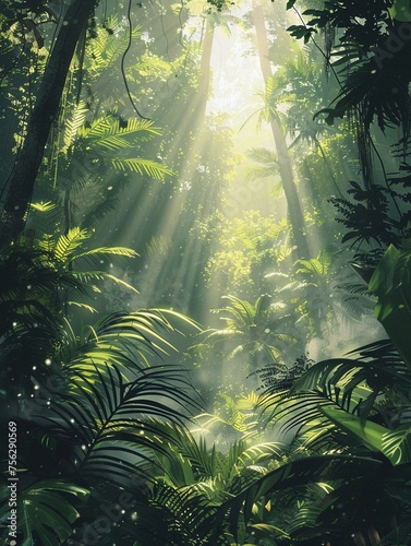 Retro nature scene lush forests with sunlight filtering through