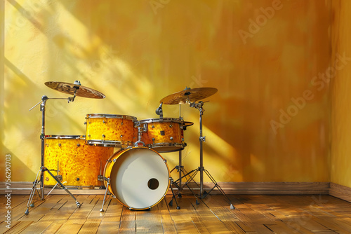 a drum set on a wood floor