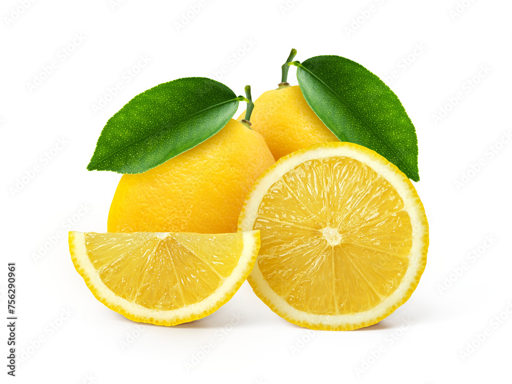 Group of lemons with leaves, transparent background