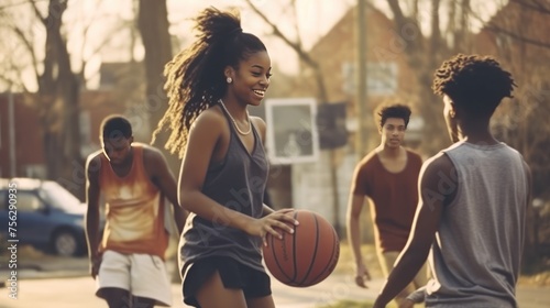 Diverse teenagers playing basketball together at a neighborhood park photo
