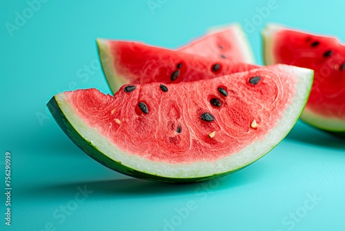 a watermelon slice on a blue surface photo