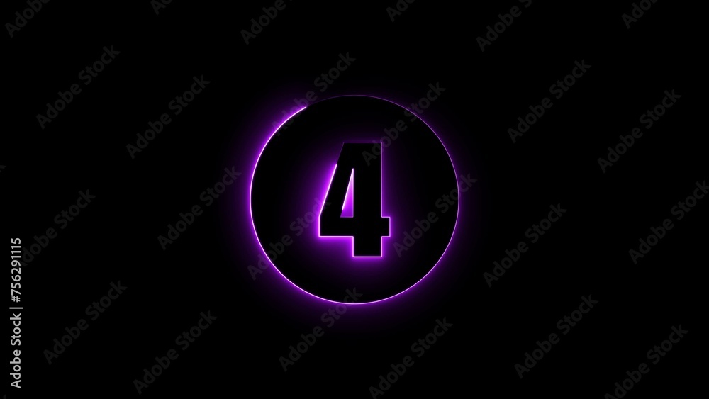 Abstract digital top four countdown circle purple color illustration. Purple Neon light four number black background 4k illustration. Abstract digital top four countdown circle purple color illustration. Purple Neon light four number black background 4k illustration.