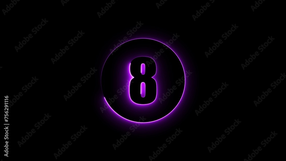 Abstract digital top eight countdown circle purple color illustration. Purple Neon light eight number black background 4k illustration. Abstract digital top eight countdown circle purple color illustration. Purple Neon light eight number black background 4k illustration.