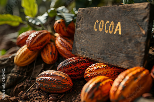 Cocoa bean harvesting scene: cocoa plantation during harvesting. photo