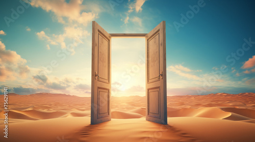 Opened door on desert. Unknown and start up concept