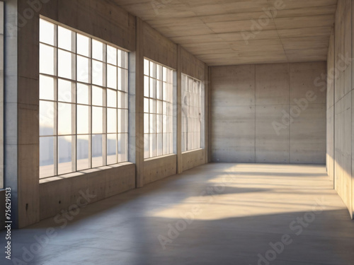 Sunlight on concrete walls in empty building.