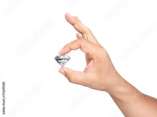 Hand holding diamond, transparent background. concept for choosing best diamond gem