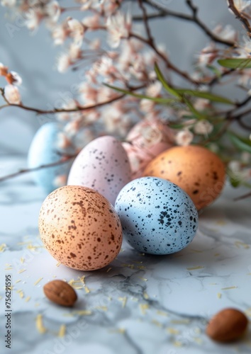 Easter decoration colorful eggs on white background with copy space. Beautiful colorful easter eggs. Happy Easter. Isolated.