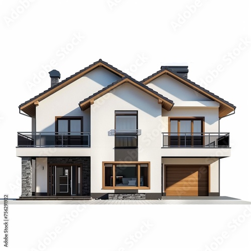 Modern House with Balconies and Garage isolated on a white background    © Chananporn