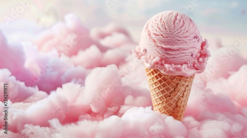 Ice cream cone. ice cream balls in a waffle cup on pink sky background. Air ice cream. Light dessert taste