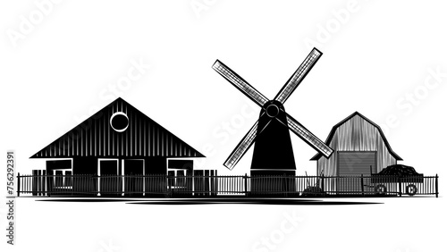Set of silhouette scenes from farm life with house, barn and windmill isolated on white background. Rural clipart.