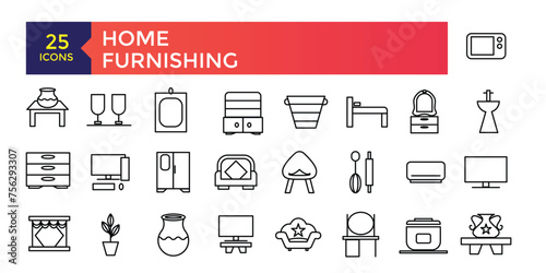 Home Furnishing and Furniture flat line icons set. sofa table, bookcase closet, chair, mattress, lamps, ladder vector illustrations. Outline signs of house interior