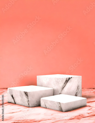 Fototapeta Naklejka Na Ścianę i Meble -  Marble rock podium mockup for products, coral pink background. Podium mockup for natural products