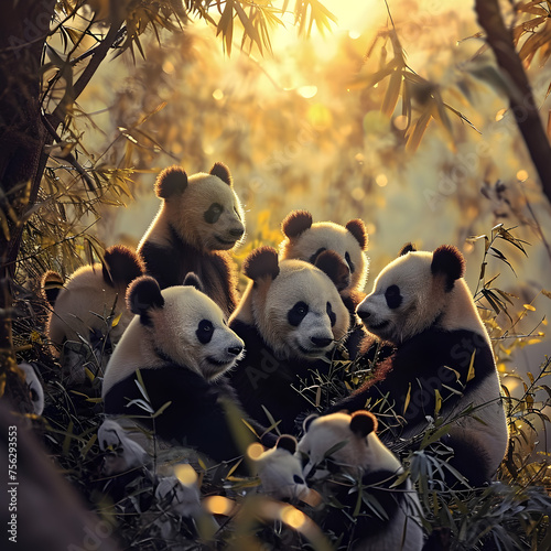 Panda bear family at the rain forest with setting sun shining. Group of wild animals in nature.
