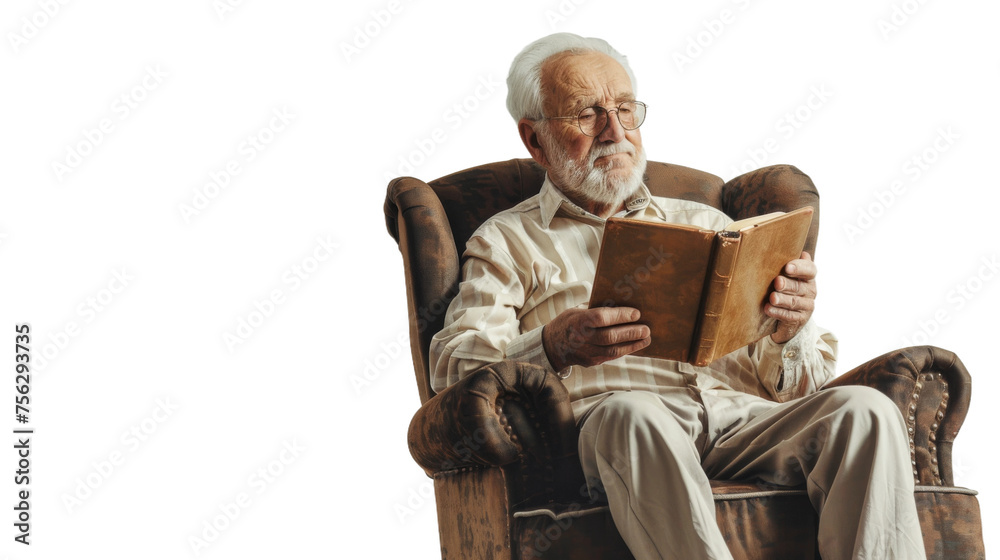 A content elderly man sitting in a comfortable armchair, holding a book and enjoying a moment of relaxation, on a clean white background