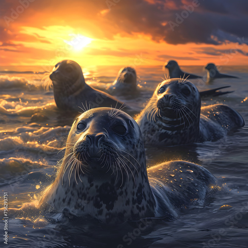 Seal family in the ocean water with setting sun shining. Group of wild animals in nature. © linda_vostrovska