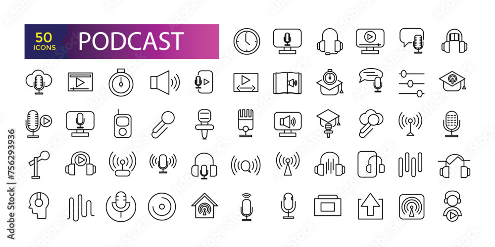 Podcast set of web icons in line style. Learning icons for web and mobile app. E-learning, video tutorial, knowledge, study, school, university, webinar.