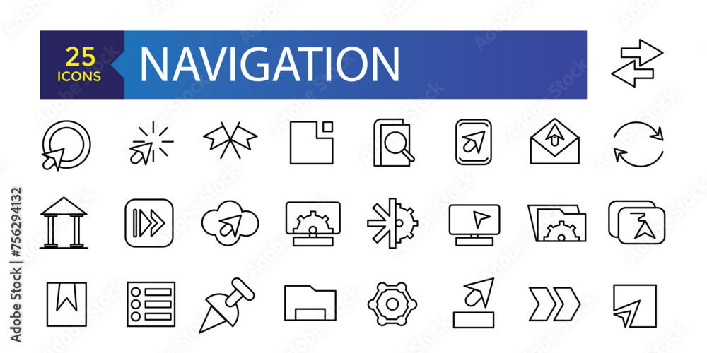 Naklejka premium Simple Set of Navigation Related Vector Line Icons. Contains such Icons as Cloakroom, Elevator, Exit, Taxi, flag and more.