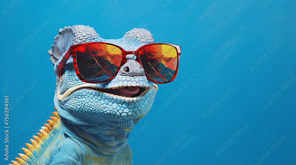 Portrait of smiling chameleon with sunglasses on blue background