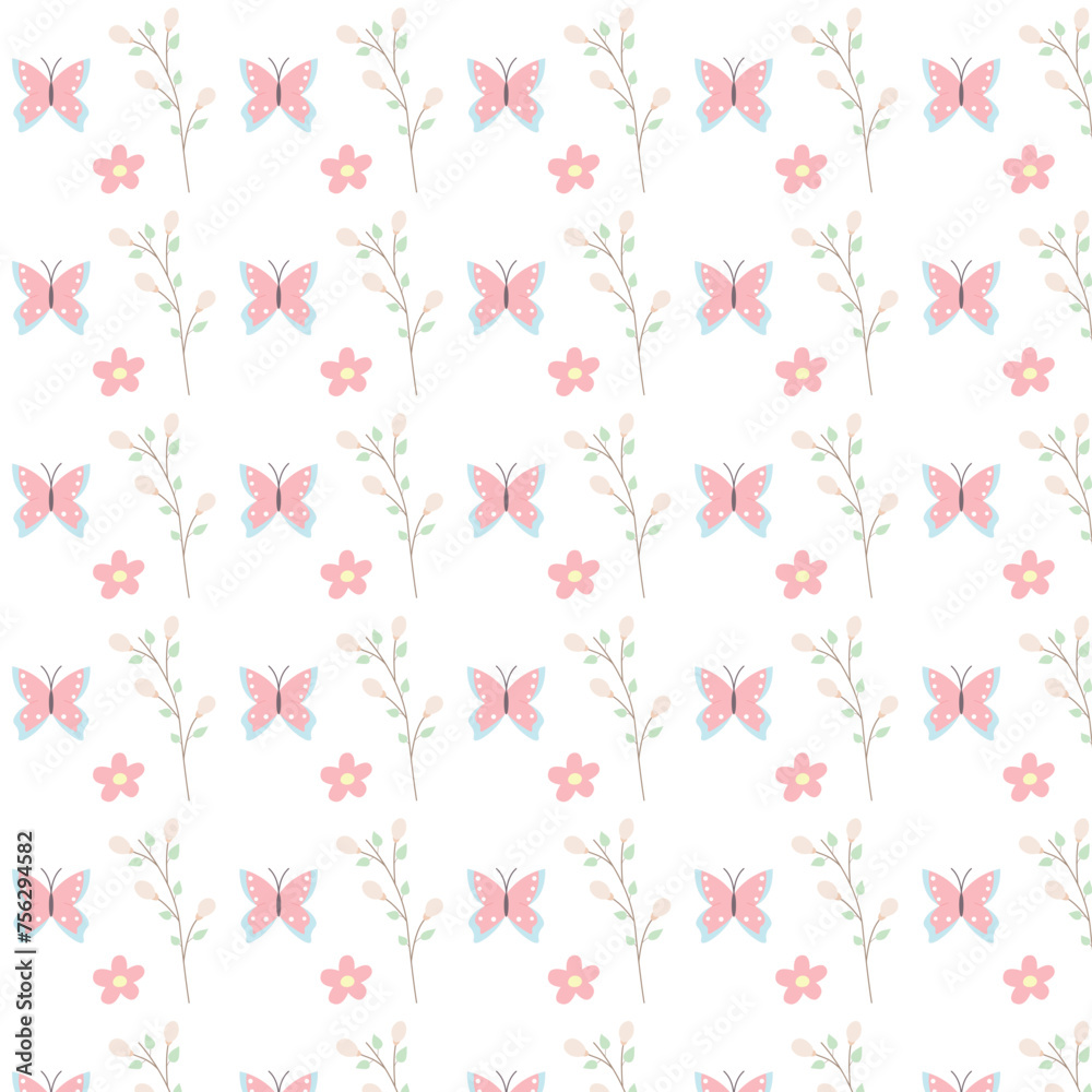 Cute floral seamless pattern print with doodle flower, willow and butterfly. Vector seamless pattern in flat style on white background. Repeat design for fabric, textile, decor, web, print, wallpaper