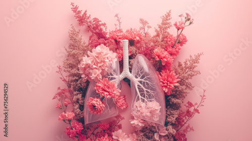 Human lungs, flowers, and plants on monochrome pink background
