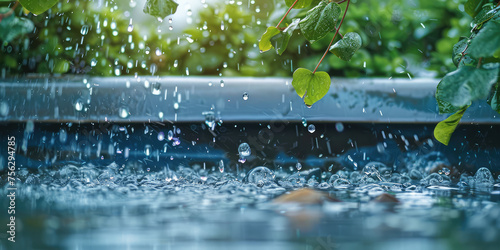 Rainwater Runoff on Urban Ground. Rain Water flow cascading down a suburban outdoor gutter, close-up on wet surfaces.