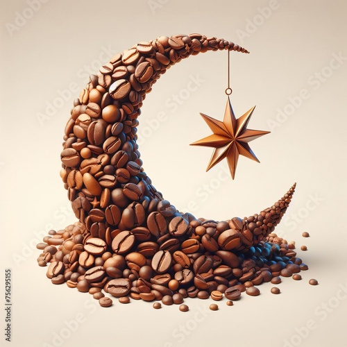 3D realistic crescent moon made of coffee beanswith ramadan theme isolated on background 