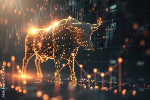 Symbolische Illustration f  r den Bullenmarkt von einem Stier und einem Aktienchart 