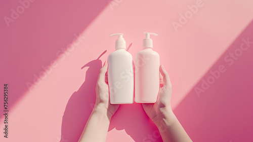 hand holding empty shampoo and hair conditioner bottles on soft pink background. Ai Generated Images photo
