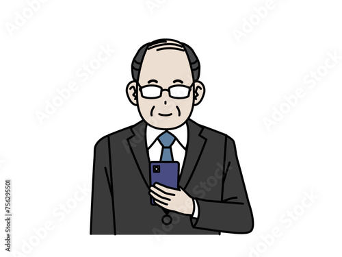 スマホを見る中年会社員の男性のイラスト