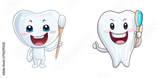 Cartoon tooth character holding a toothbrush and toothpaste