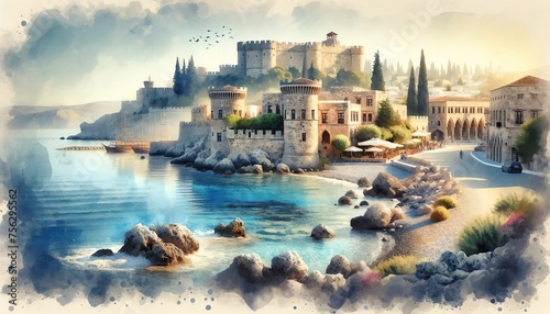 Watercolor landscape of Rhodes, Greece