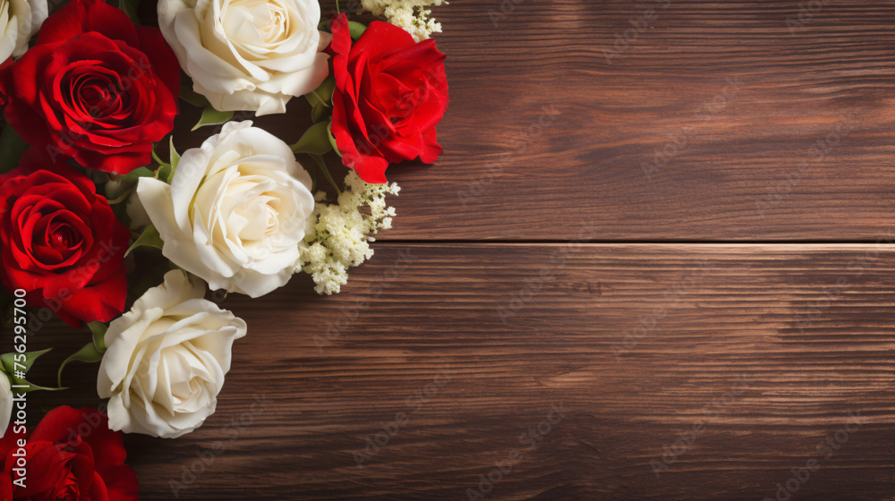 Red and white roses on a wooden background